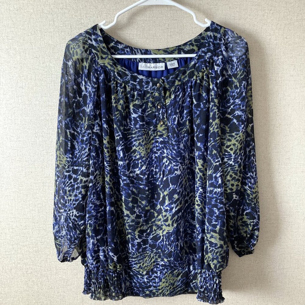 Sag Harbor Abstract Print Blouse – L – Navy/Green – Sheer Sleeves